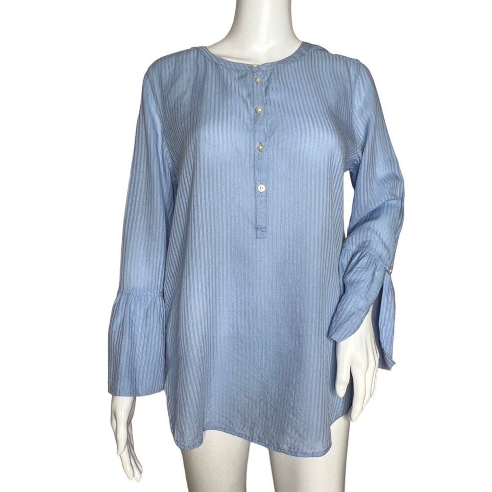 Loft Shirt Womens Medium Petite Blue Striped Semi Sheer Bell Popover Tunic‎ Boho